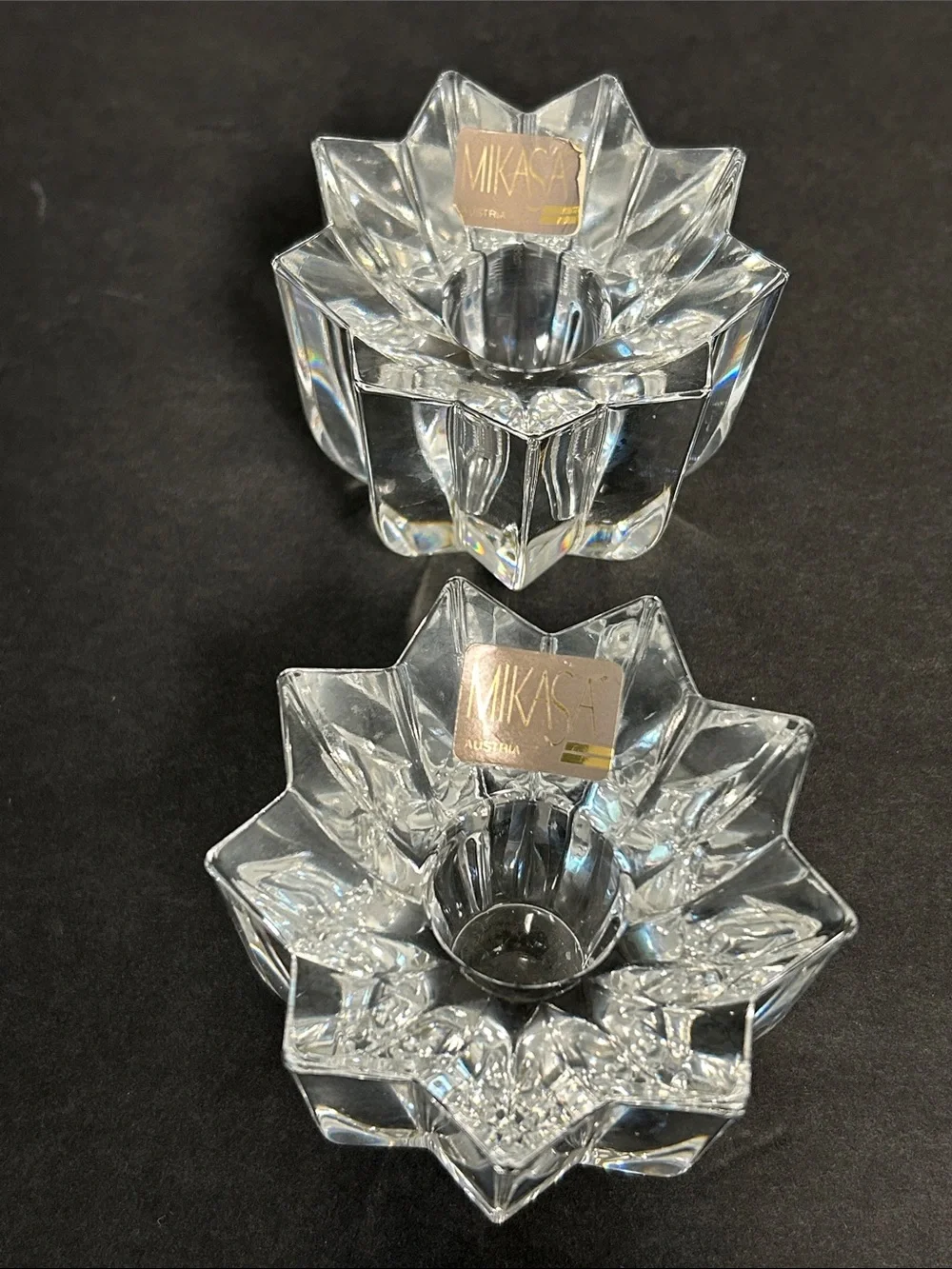 Mikasa Vintage Set of 2 Lead Crystal Glass Taper Candle Holders Retired “Comet”